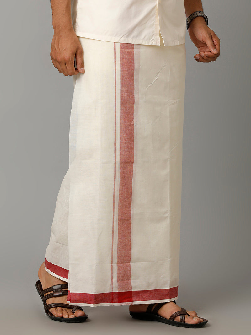 Mens Kora Cream Double Dhoti with Red Mixed Gold Jari Border Excel