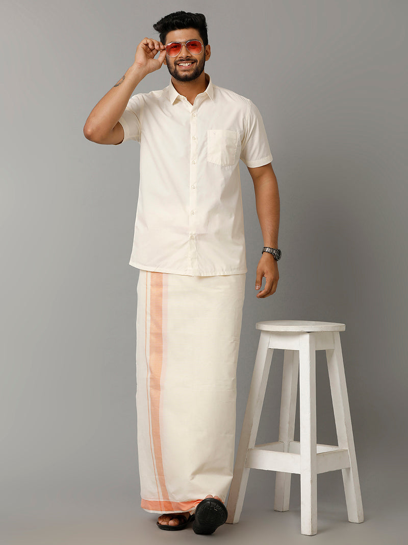 Mens Kora Cream Double Dhoti with Orange Mixed Gold Jari Border Excel