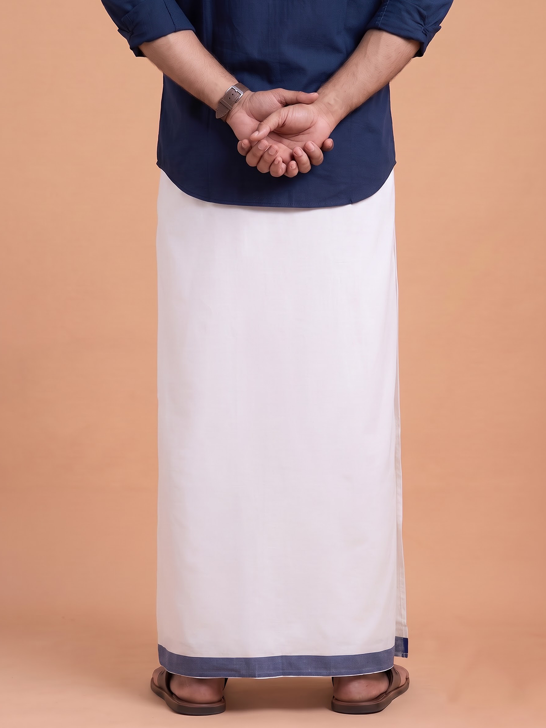Double Layer 100% Cotton White Dhoti With Navy Border - RP12