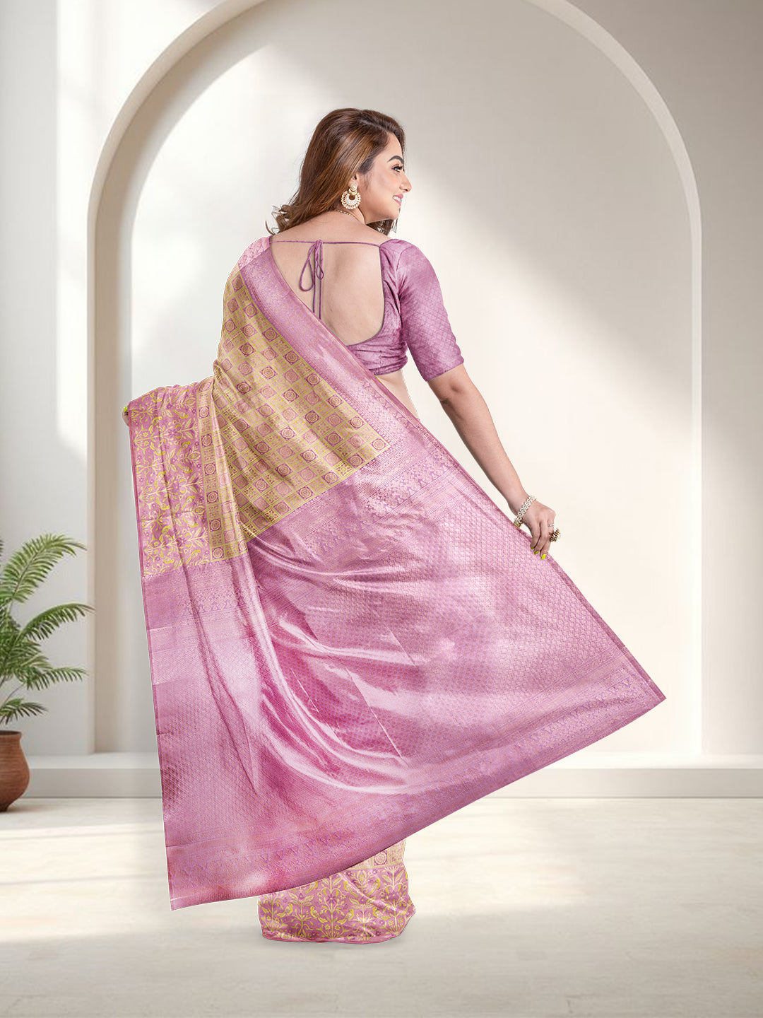 Women Yellow with Purple Art Silk Saree ASS100