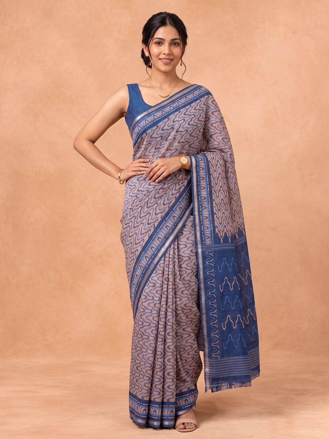 Women Semi Tussar Brown With Blue Saree ST388