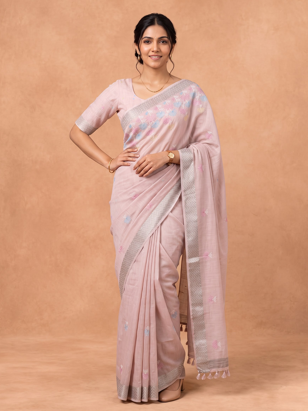 Women Semi Linen Peach Embroidered Saree SL278