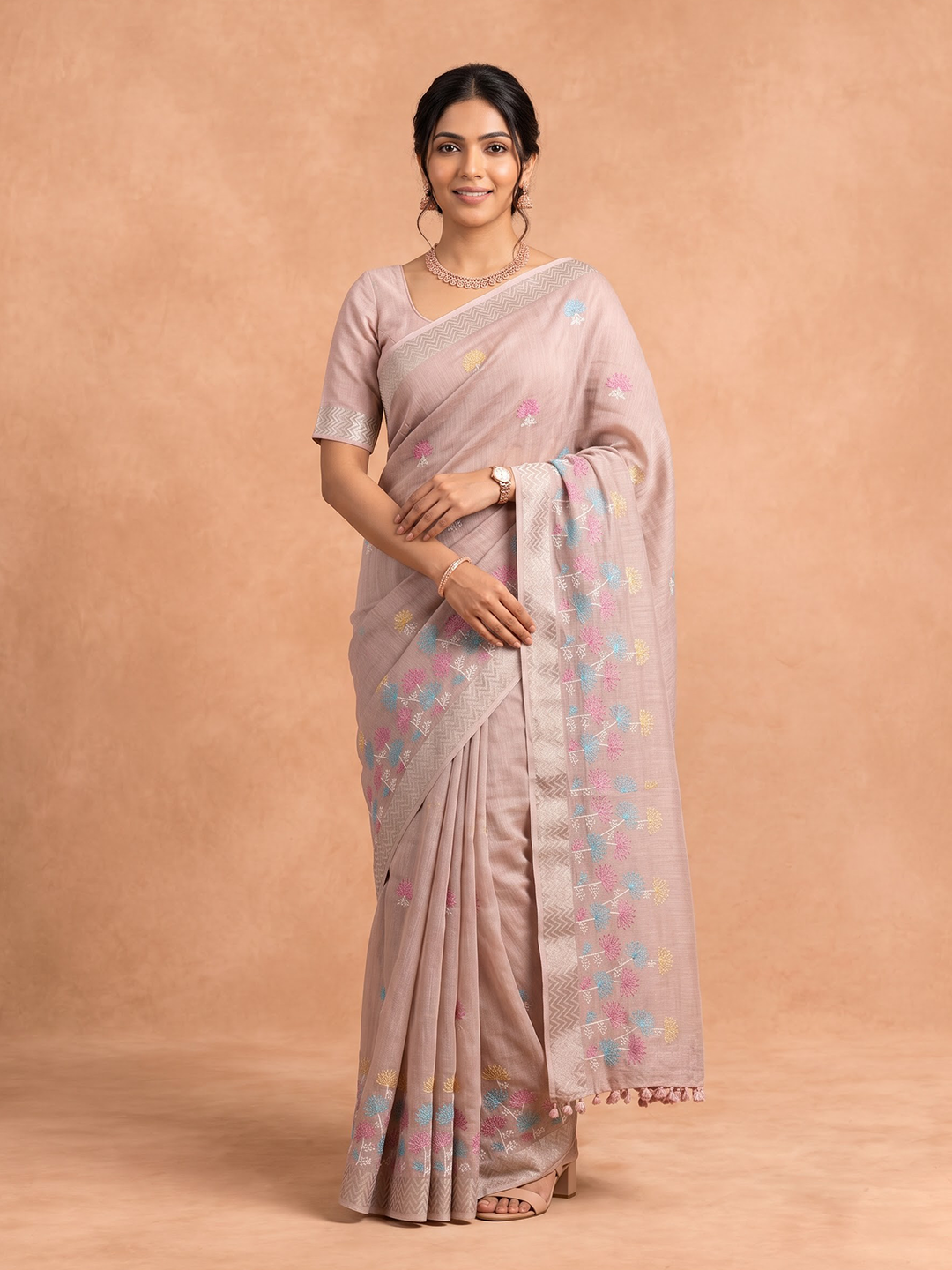 Women Semi Linen Peach Embroidered Saree SL277