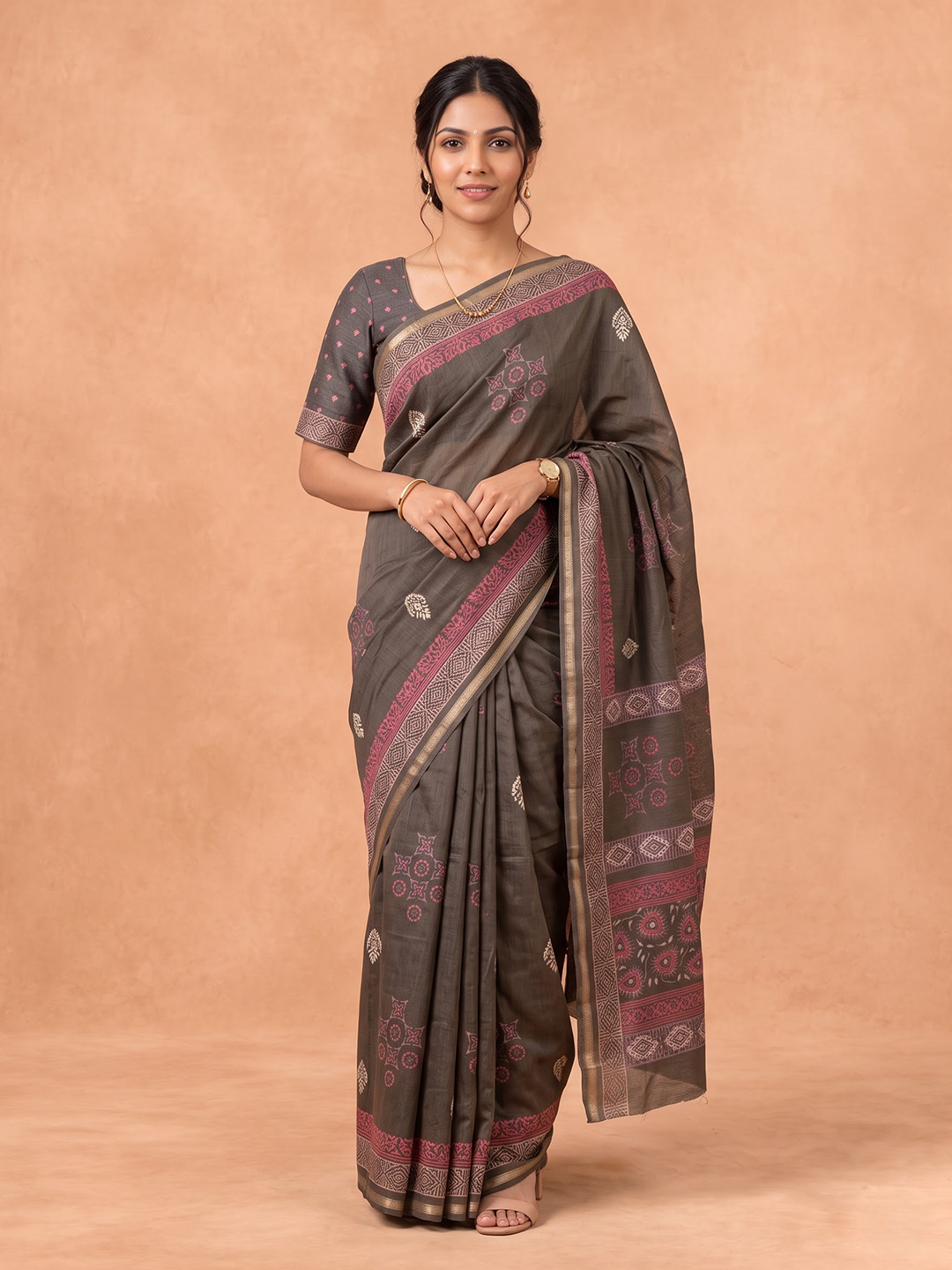 Women Semi Tussar Olive Green Saree ST381