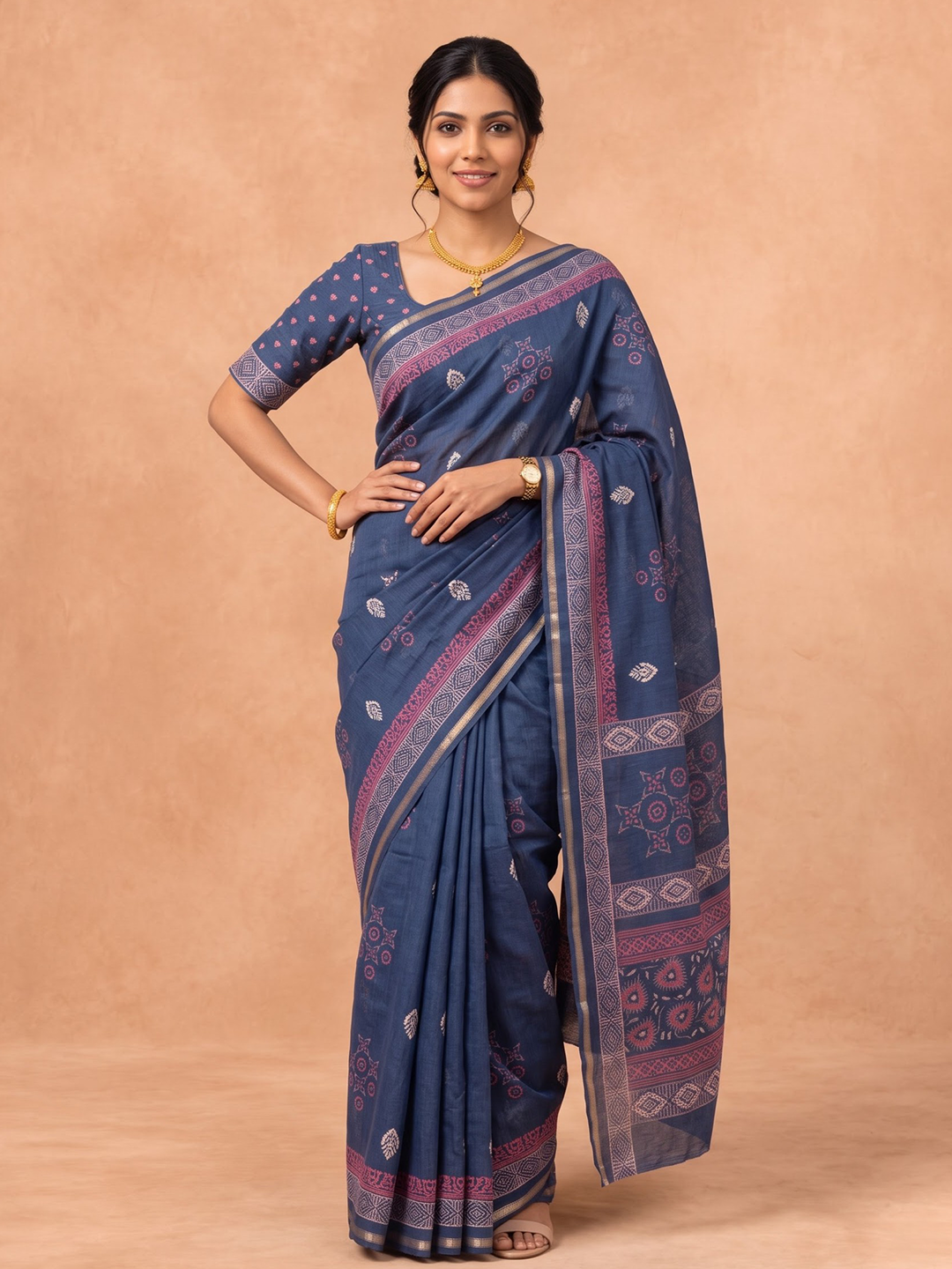 Women Semi Tussar Navy Saree ST383