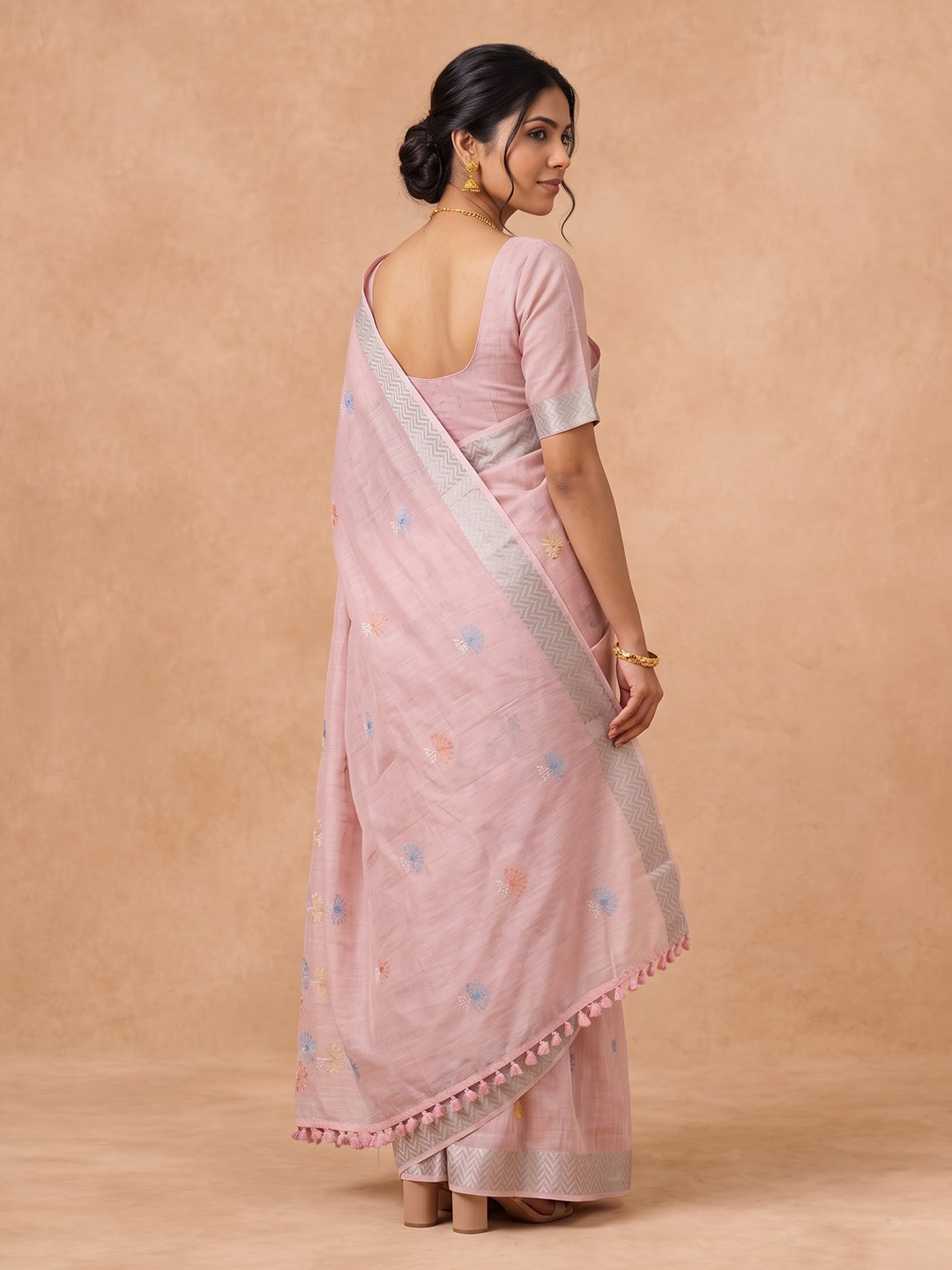 Women Semi Linen Lite Pink Embroidered Saree SL280