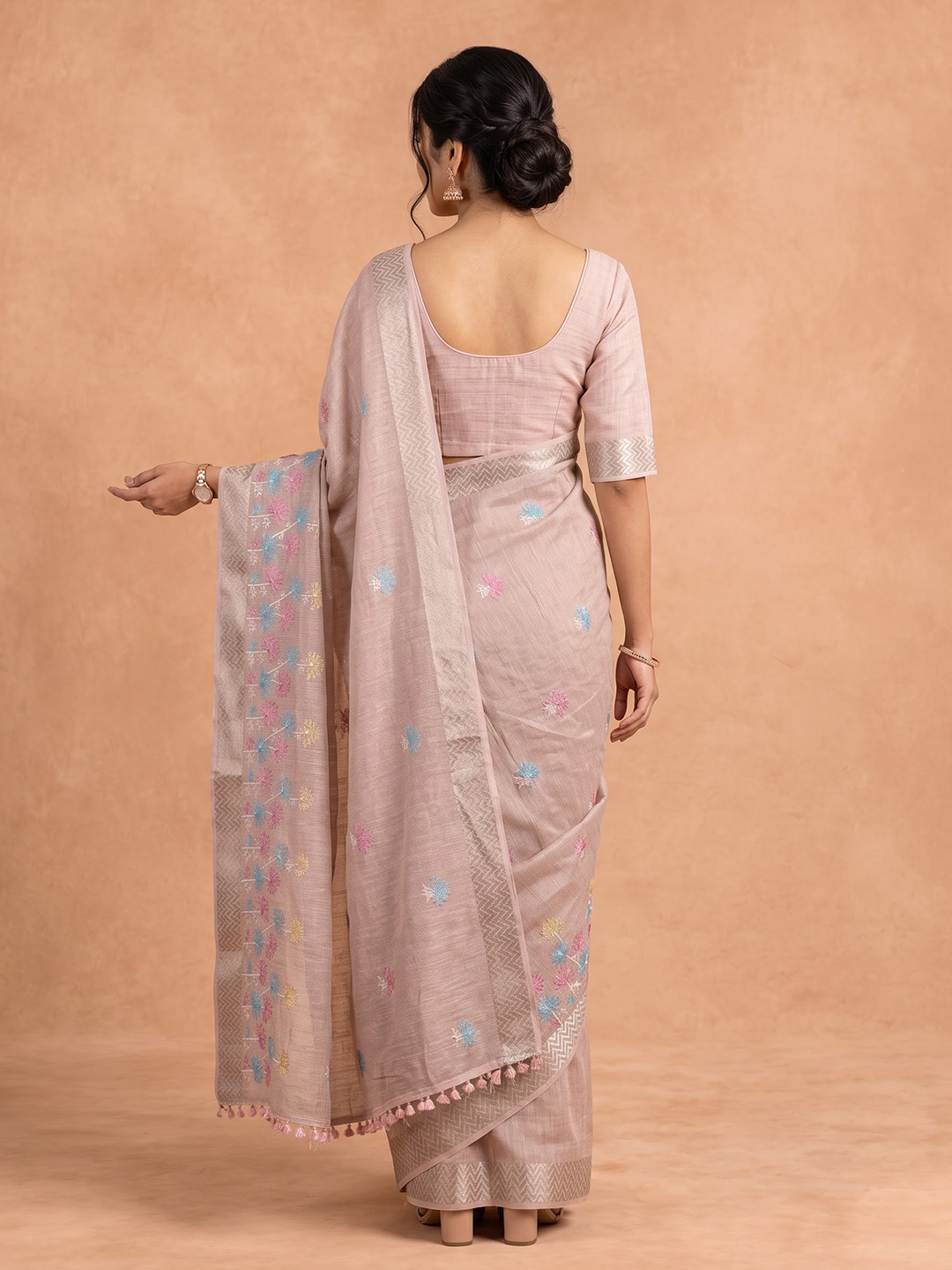 Women Semi Linen Peach Embroidered Saree SL277