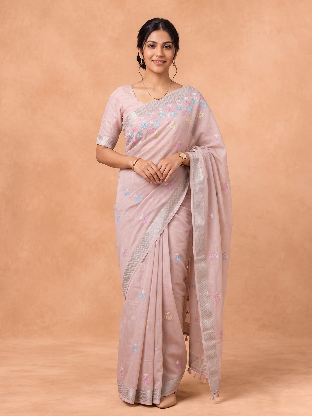 Women Semi Linen Peach Embroidered Saree SL278
