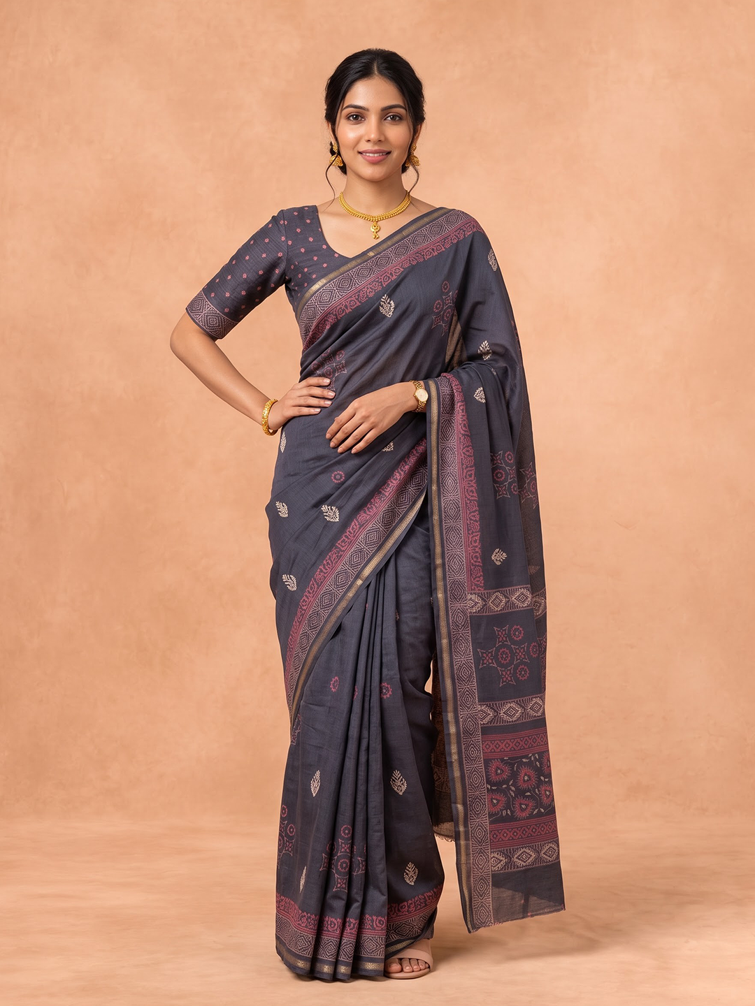 Women Semi Tussar Dark Grey Saree ST382