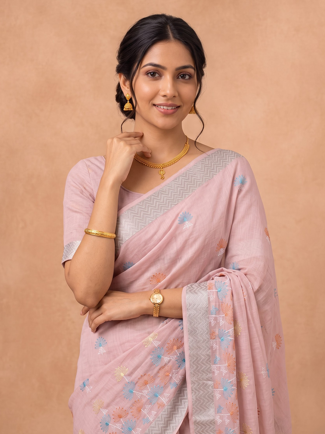Women Semi Linen Lite Pink Embroidered Saree SL280