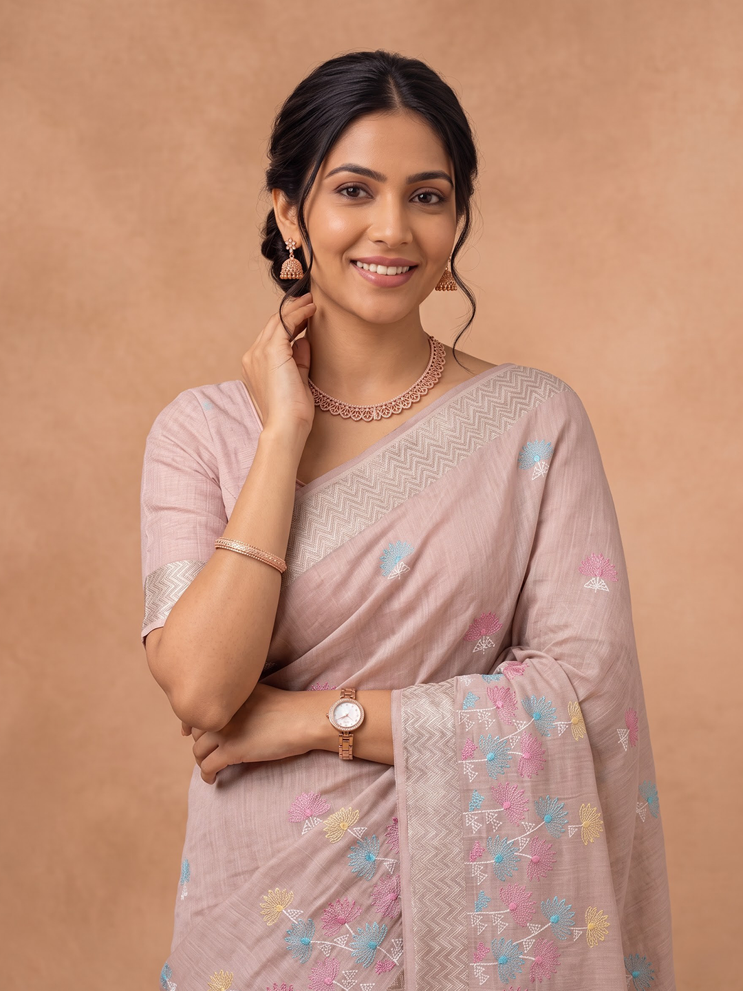 Women Semi Linen Peach Embroidered Saree SL277