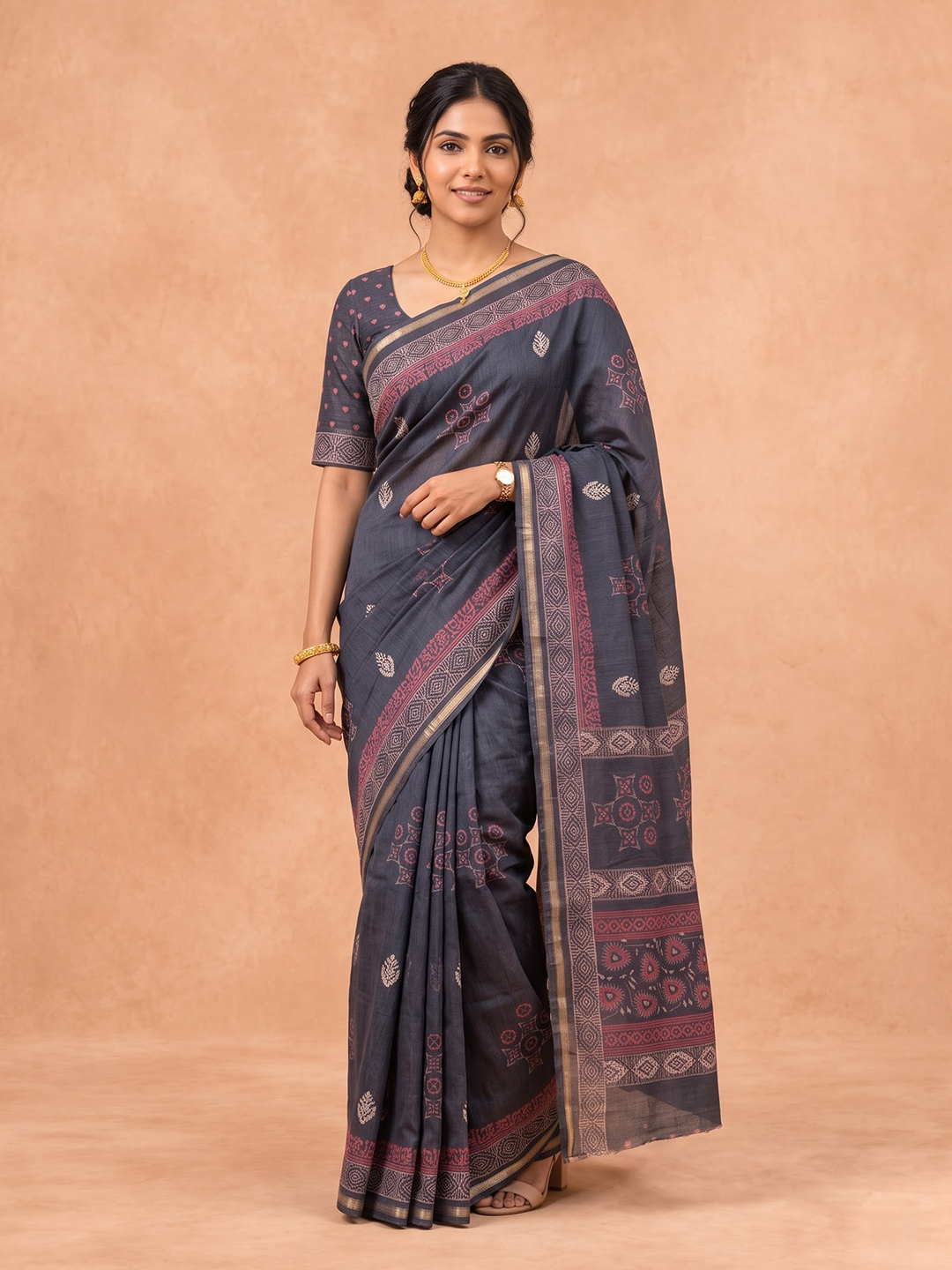 Women Semi Tussar Dark Grey Saree ST382