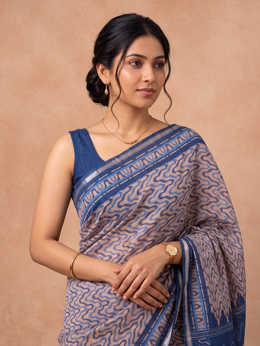 Women Semi Tussar Brown With Blue Saree ST388