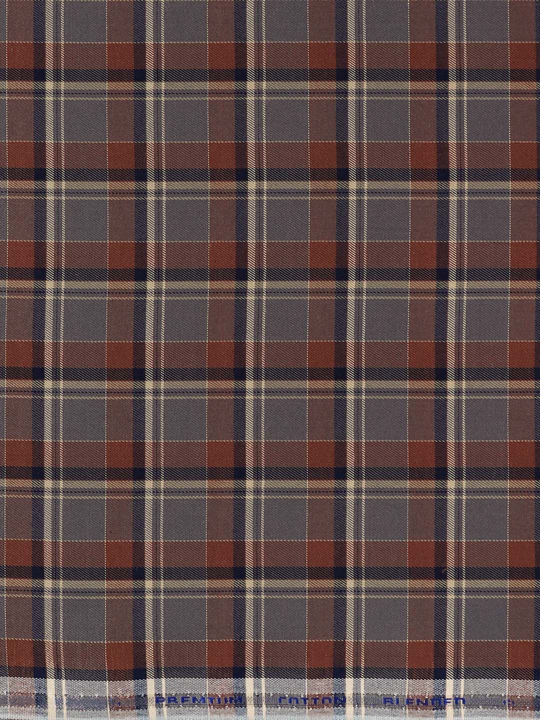 Cotton Rich Grey with Brown Checked Shirt Fabric Galaxy Art