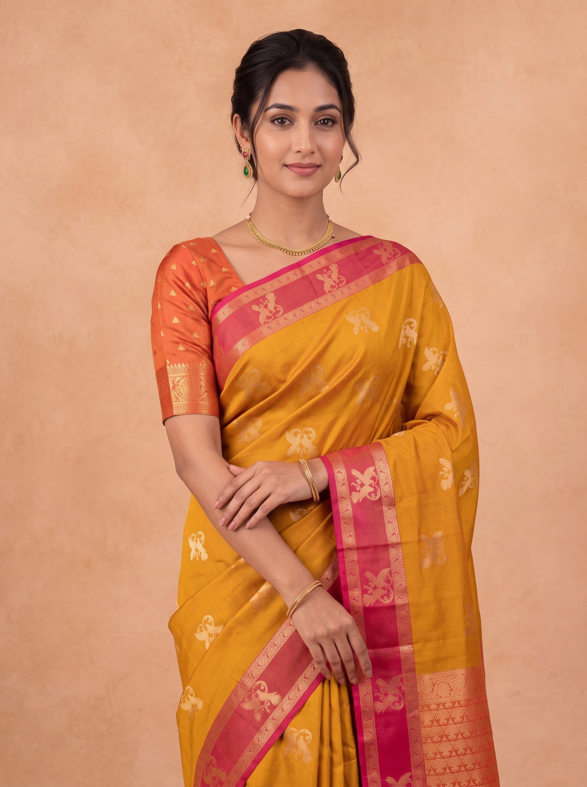 Women Soft Silk Mustard With Dark Pink Saree SS457