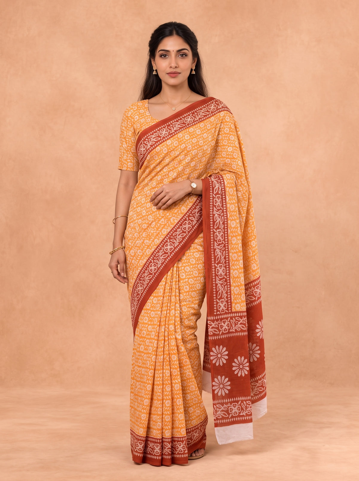 Women Cotton Orange Printed Saree PCS303