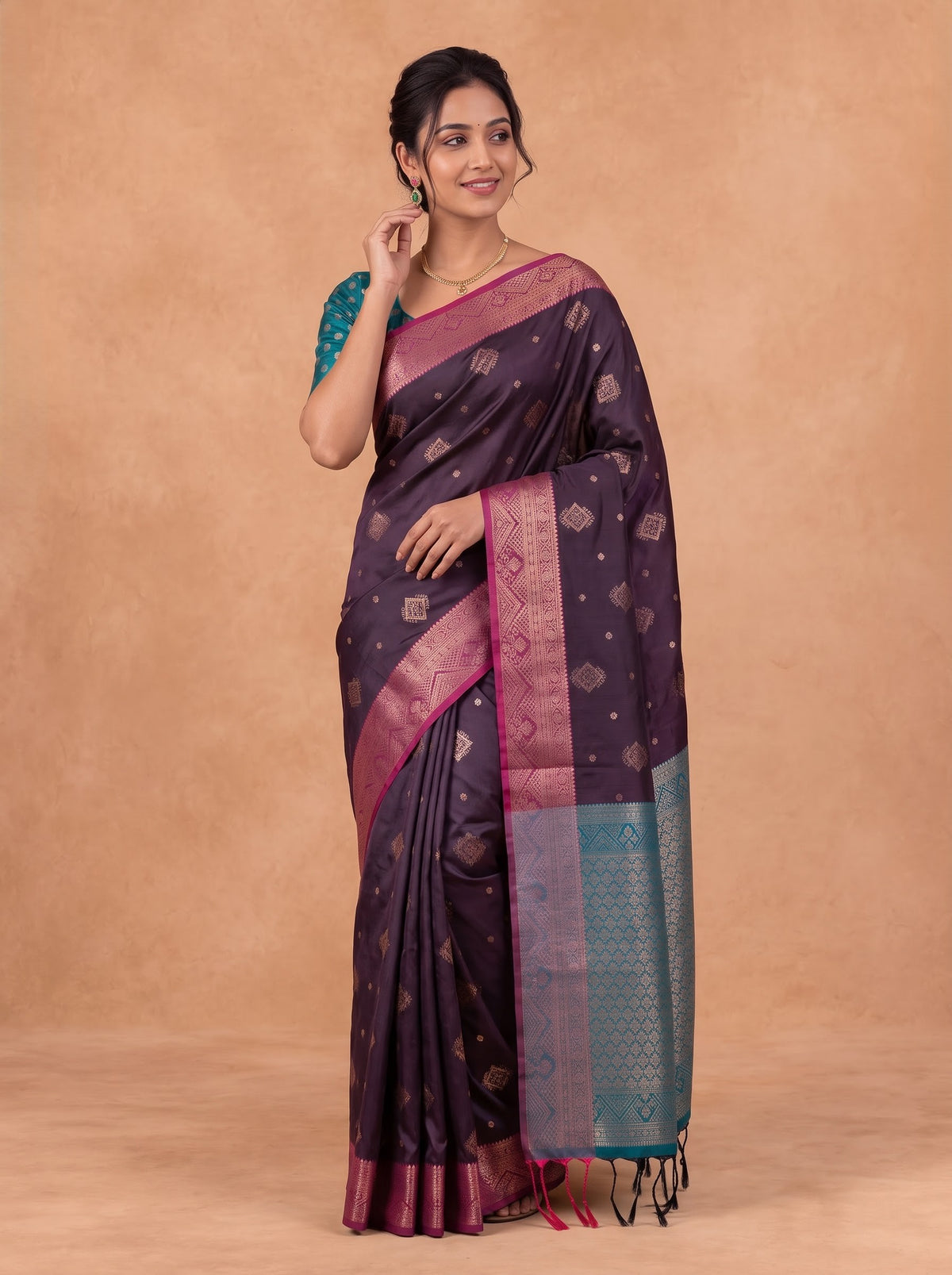 Women Soft Silk Dark Purple With Dark Rose Saree SS500