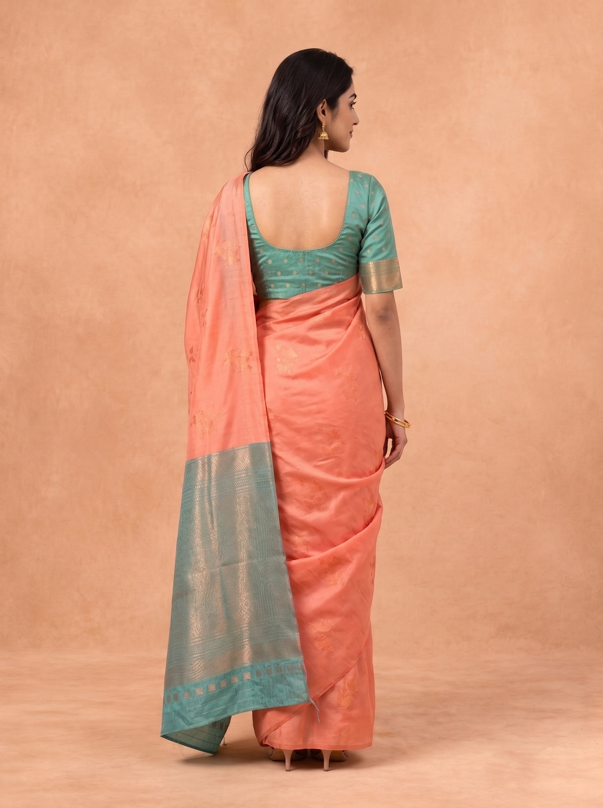 Women Soft Silk Peach Pink with Green Saree SS520