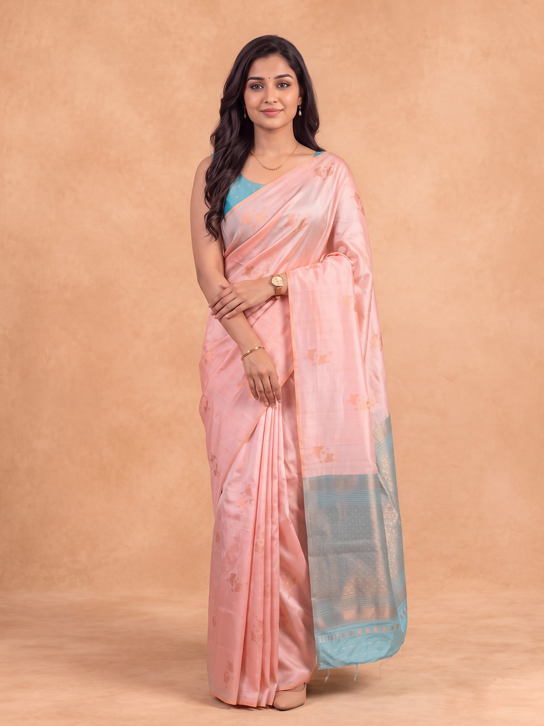 Women Soft Silk Peach with Blue Saree SS543