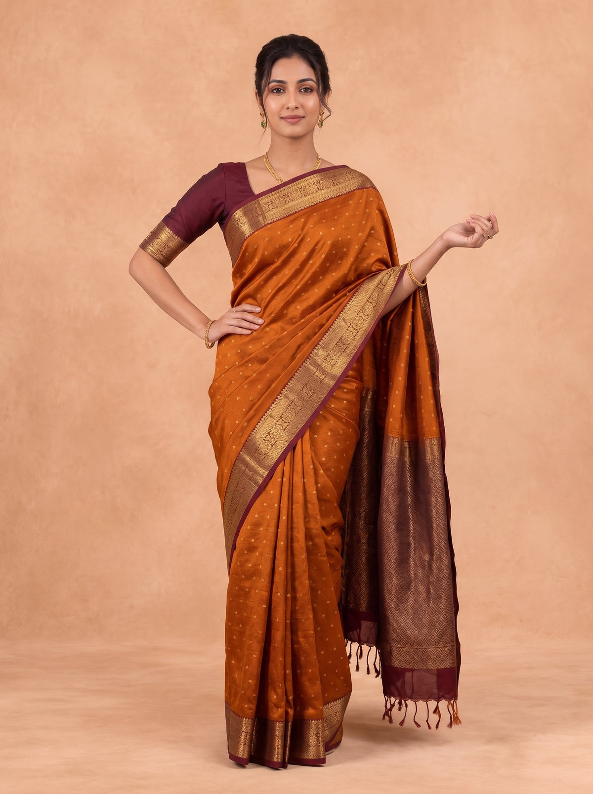Women Soft Silk Rust Orange With Maroon Saree SS466