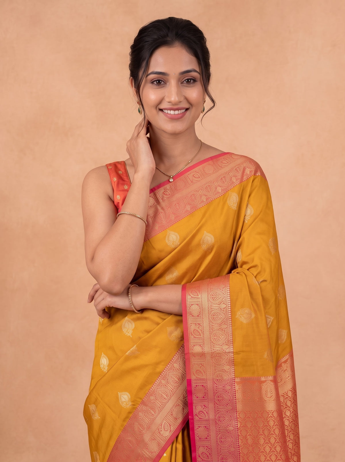 Women Soft Silk Mustard Yellow with Pink Saree SS424