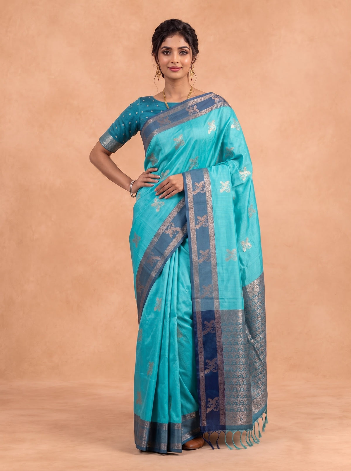 Women Soft Silk Bright Teal With Dark Blue Saree SS423