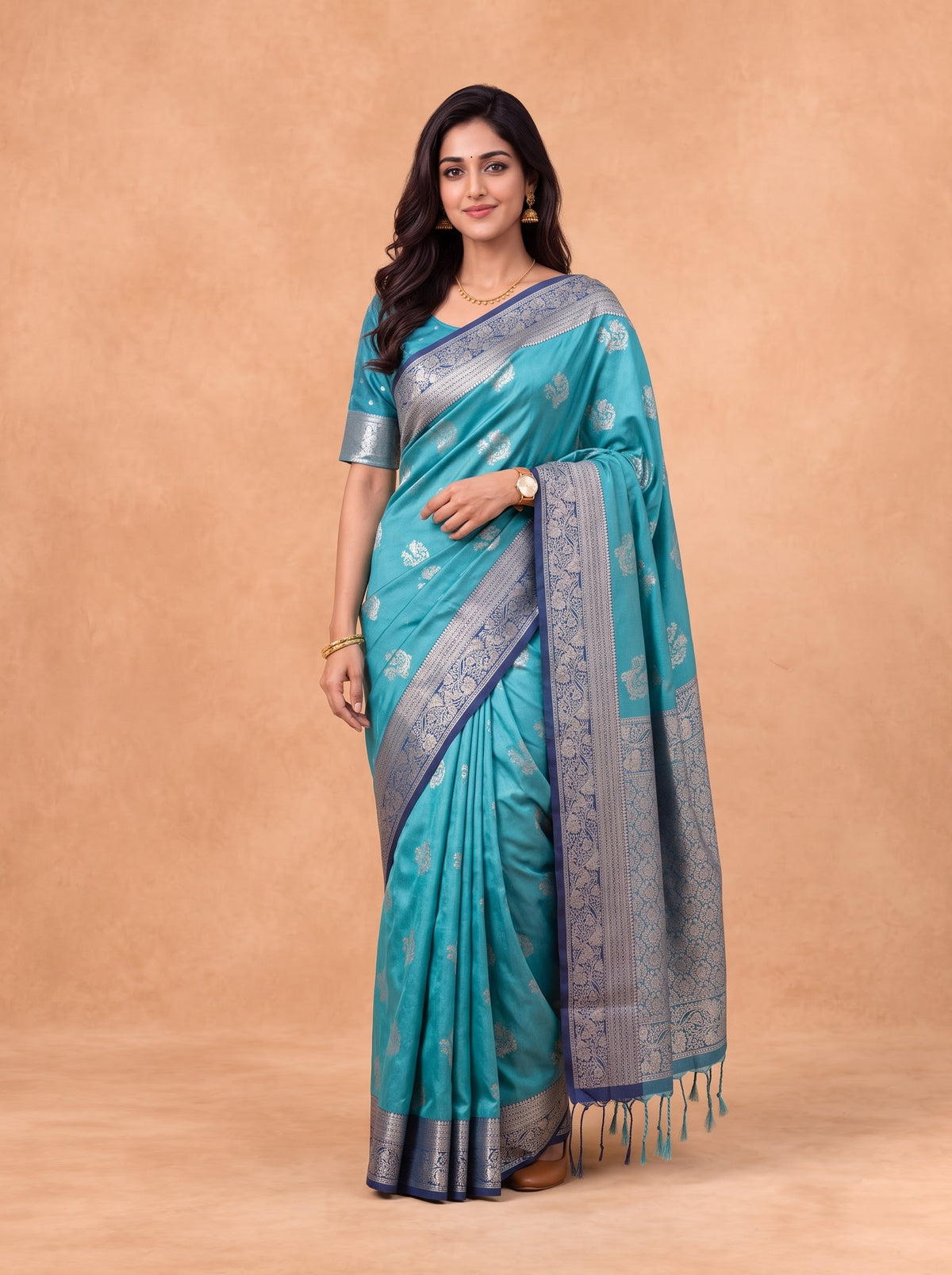 Women Soft Silk Green with Navy Saree SS467