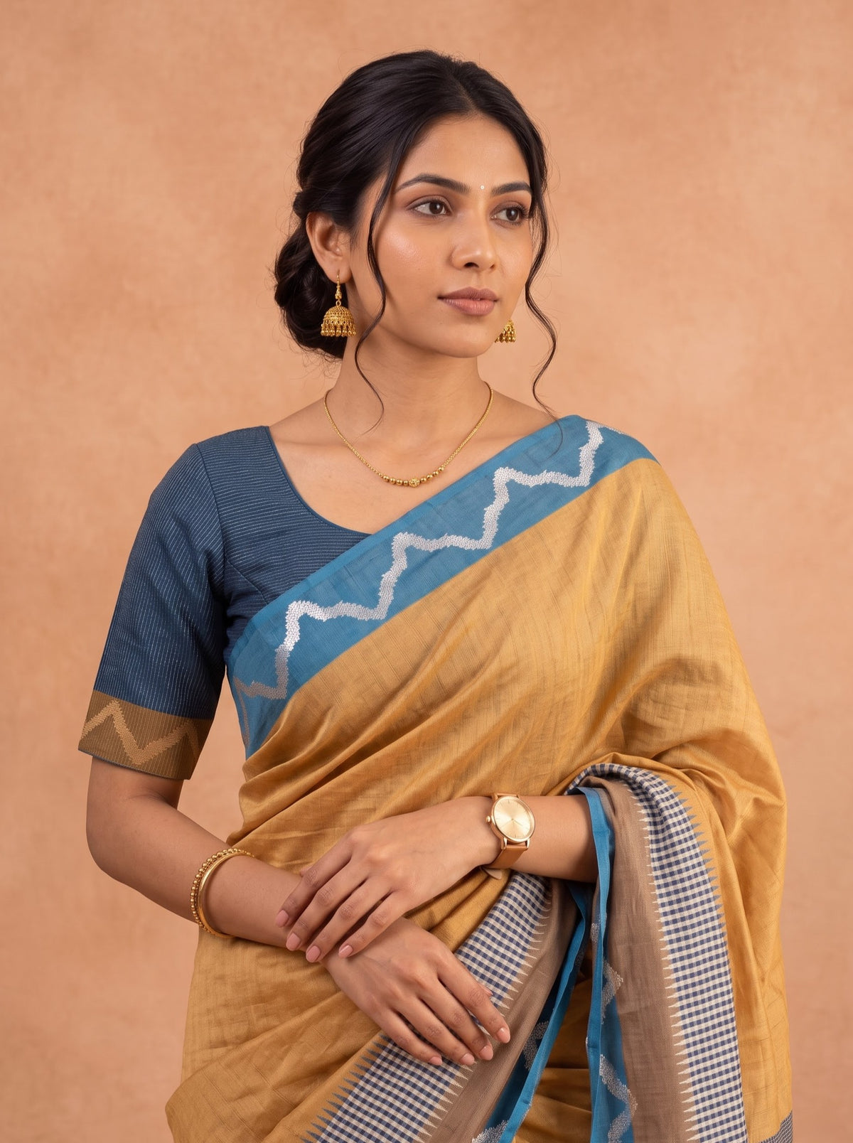 Women Semi Tussar Mustard Saree ST370