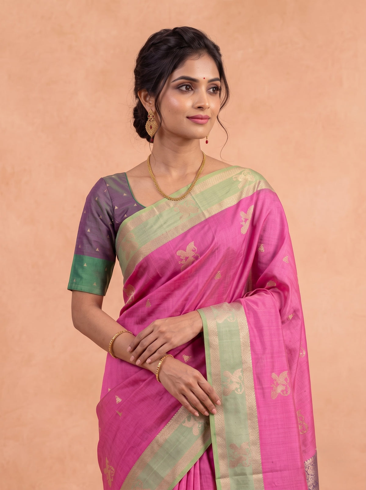 Women Soft Silk Pink with Green SS485