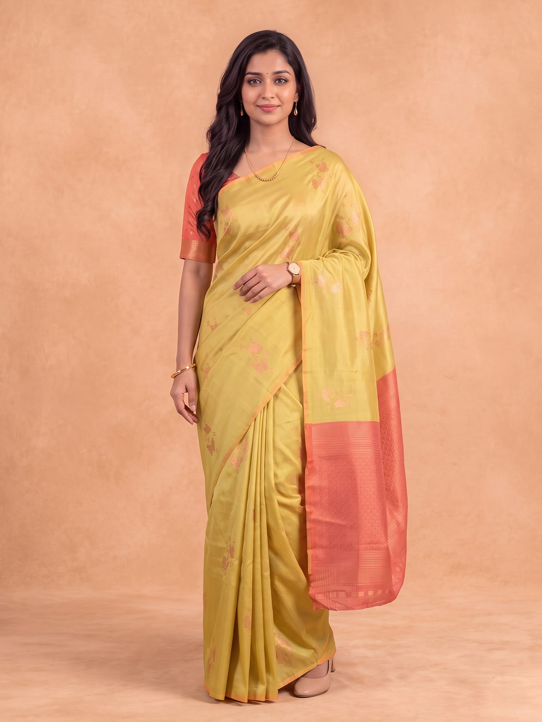 Women Soft Silk Lime Green with Pink Saree SS538