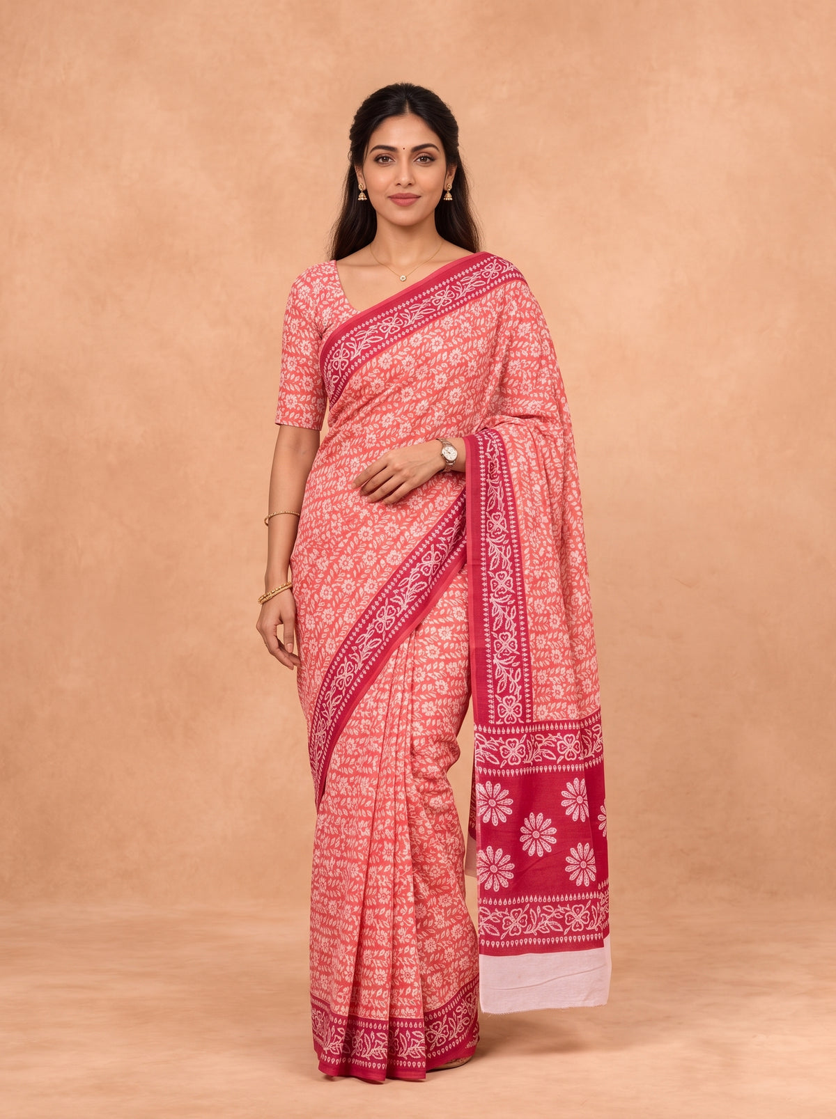 Women Cotton Red Printed Saree PCS306