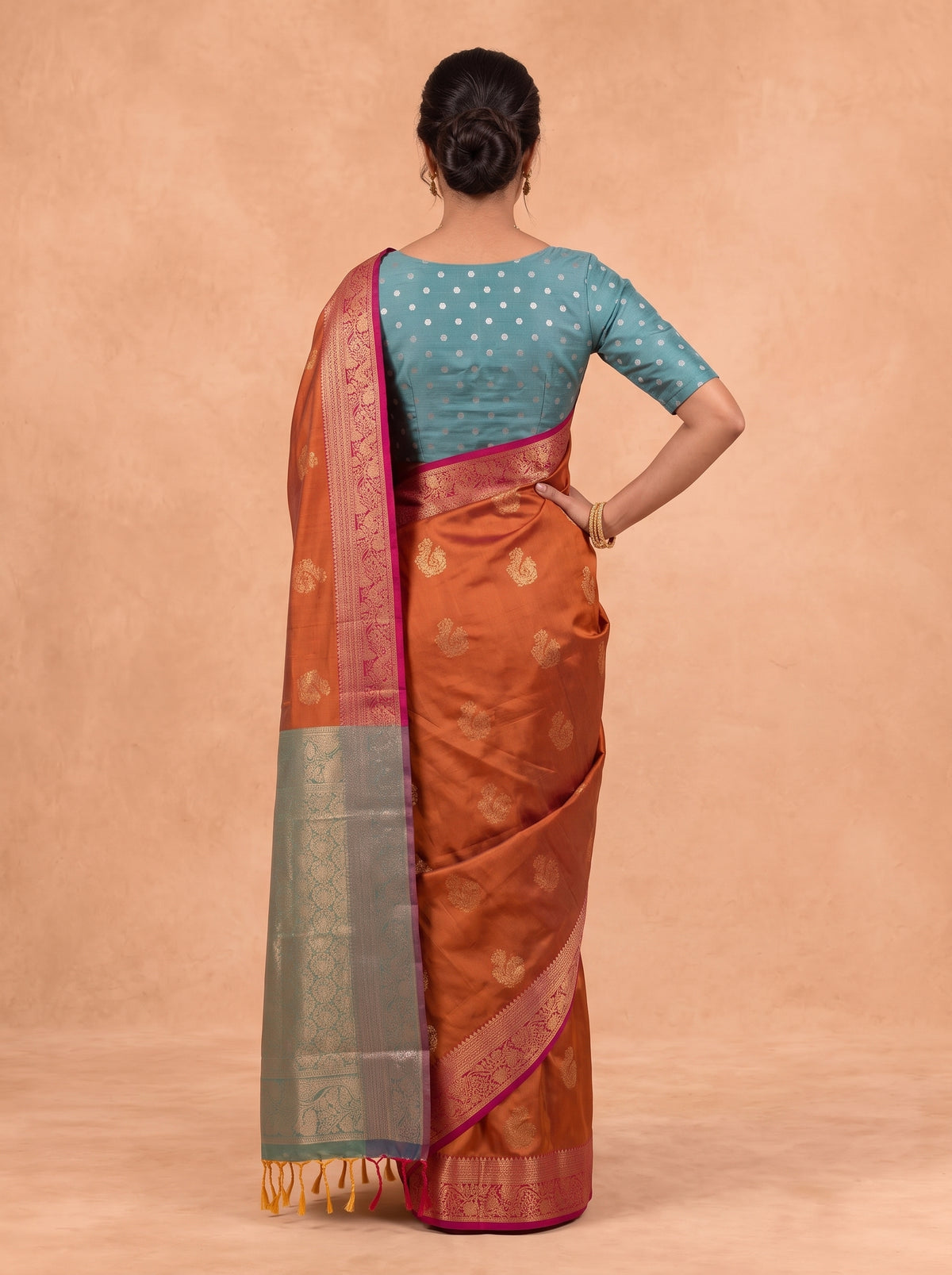 Women Soft Silk Green With Rust Saree SS462