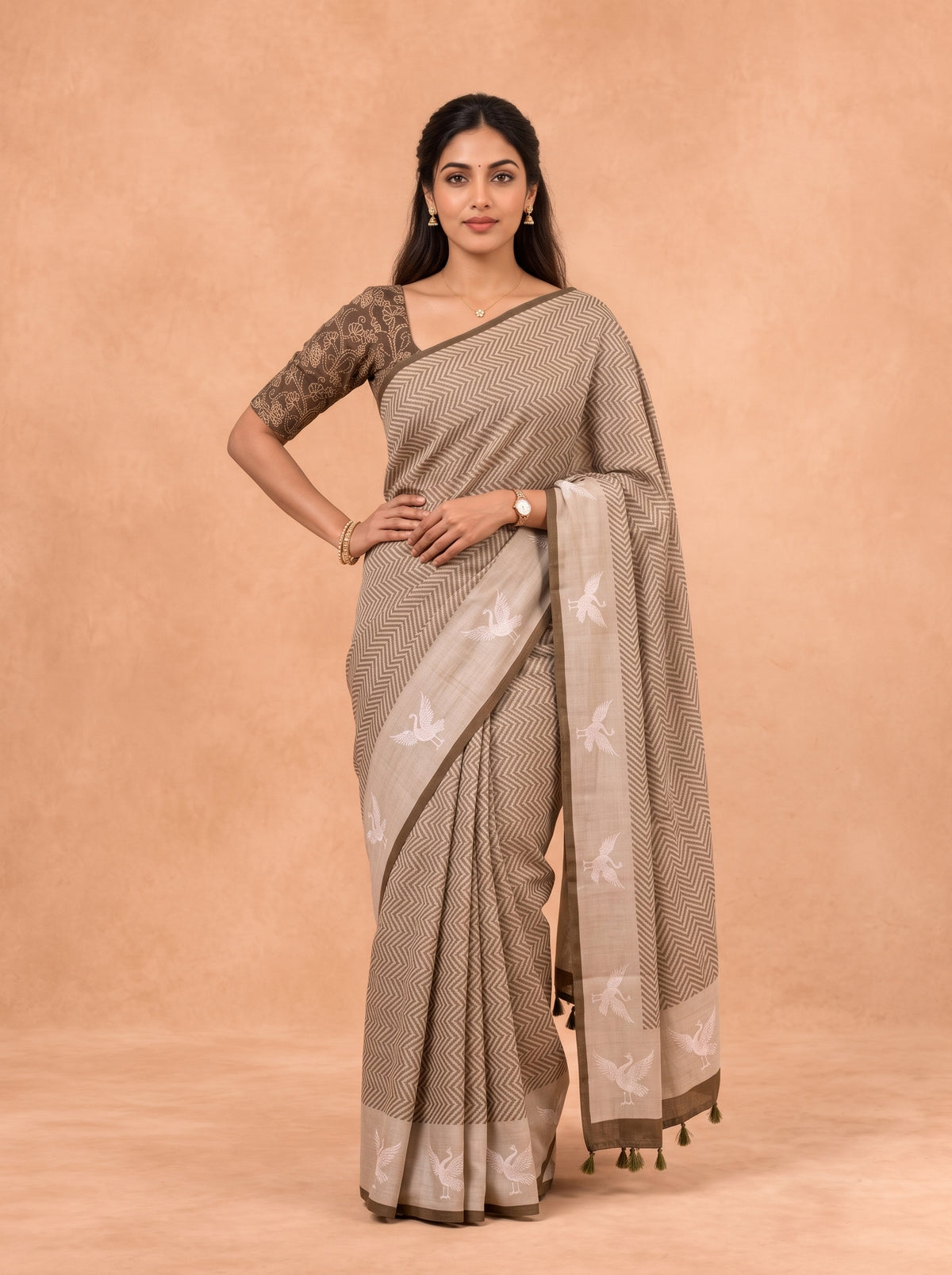 Women Cotton Olive Green Printed Saree PCS299