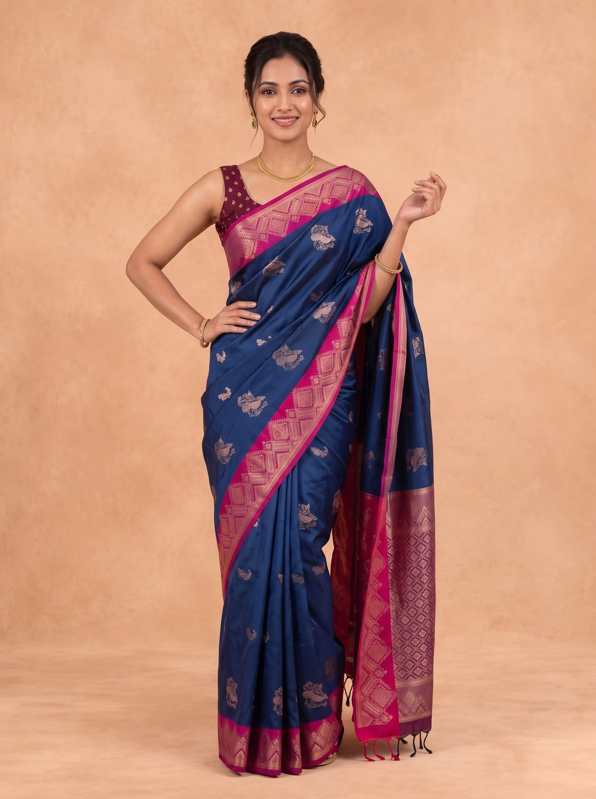 Women Soft Silk Dark Blue With Pink Saree SS477