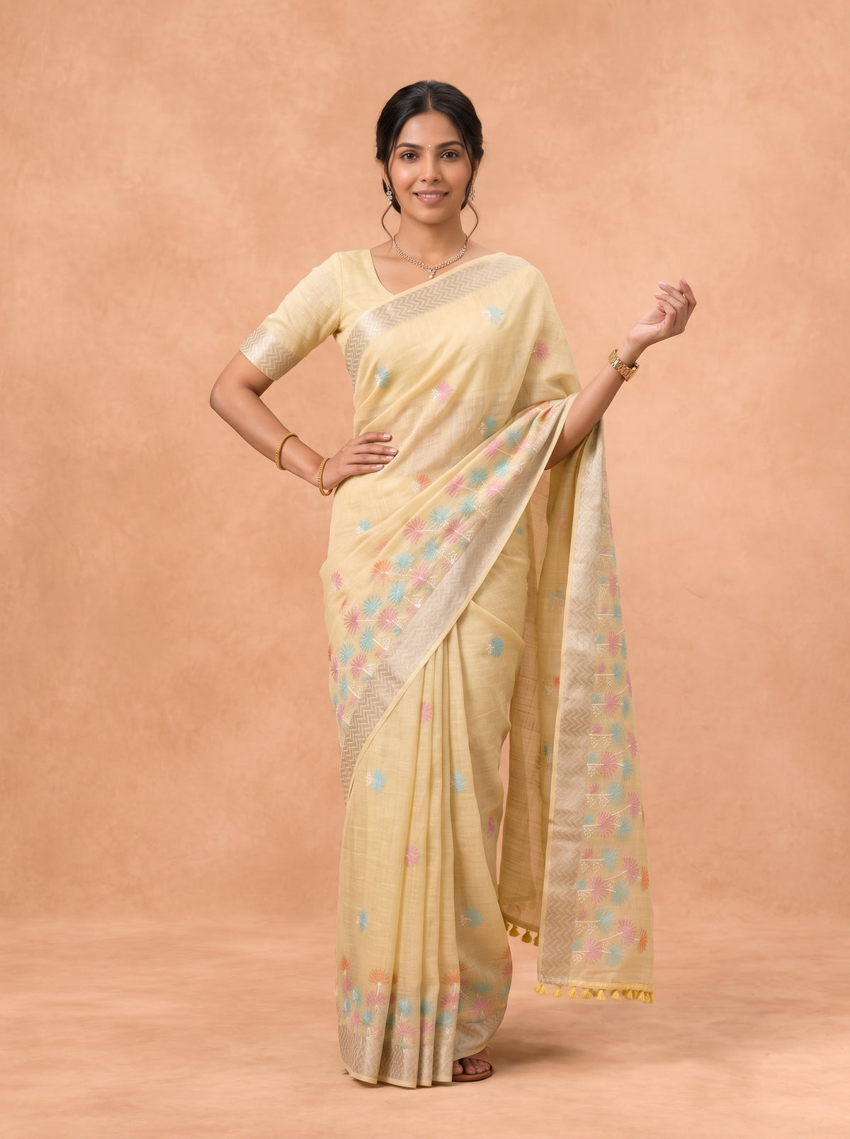 Women Semi Linen Yellow Embroidered Saree SL282