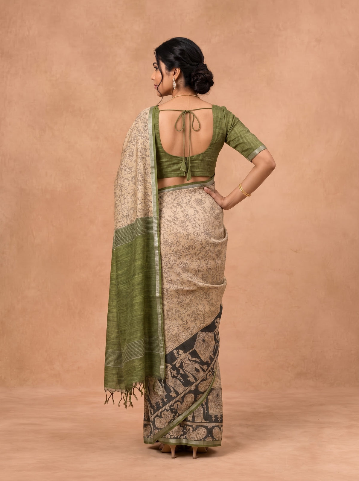 Women Semi Tussar Olive Green Saree ST379