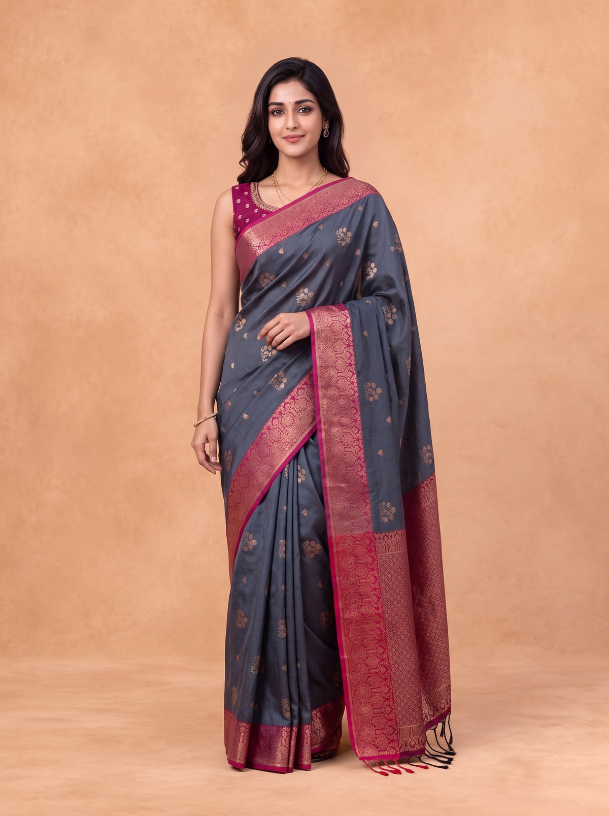 Women Soft Silk Steel Grey with Plum Saree SS428