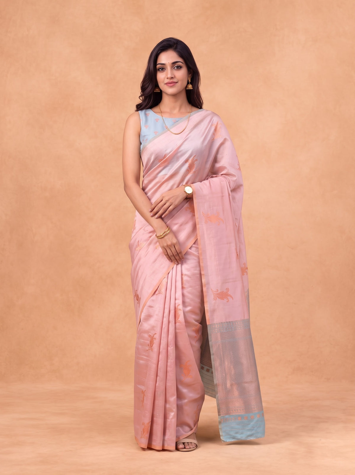 Women Soft Silk Peach with Blue Saree SS514