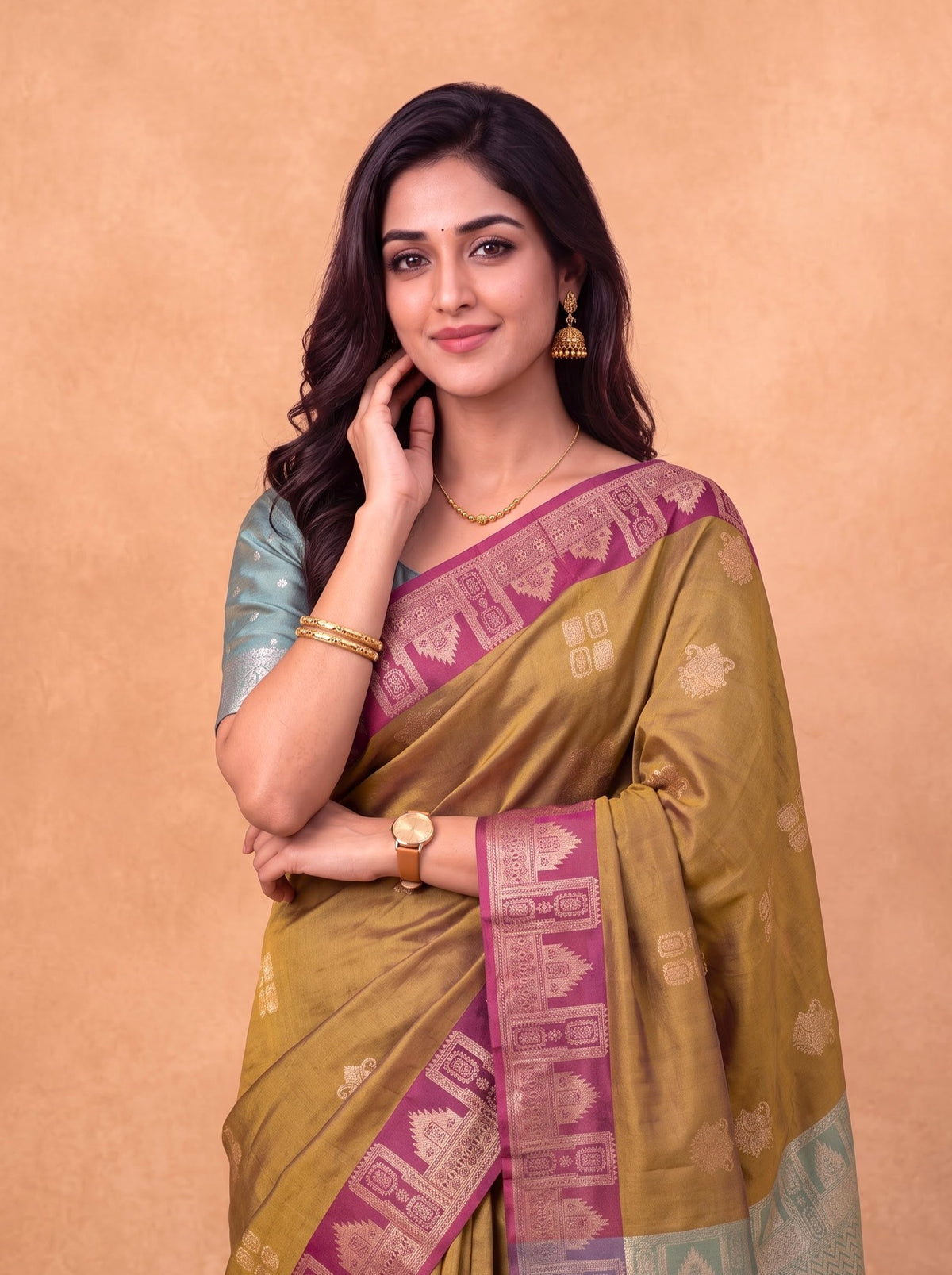 Women Soft Silk Dark Mustard With Dark Pink Saree SS454