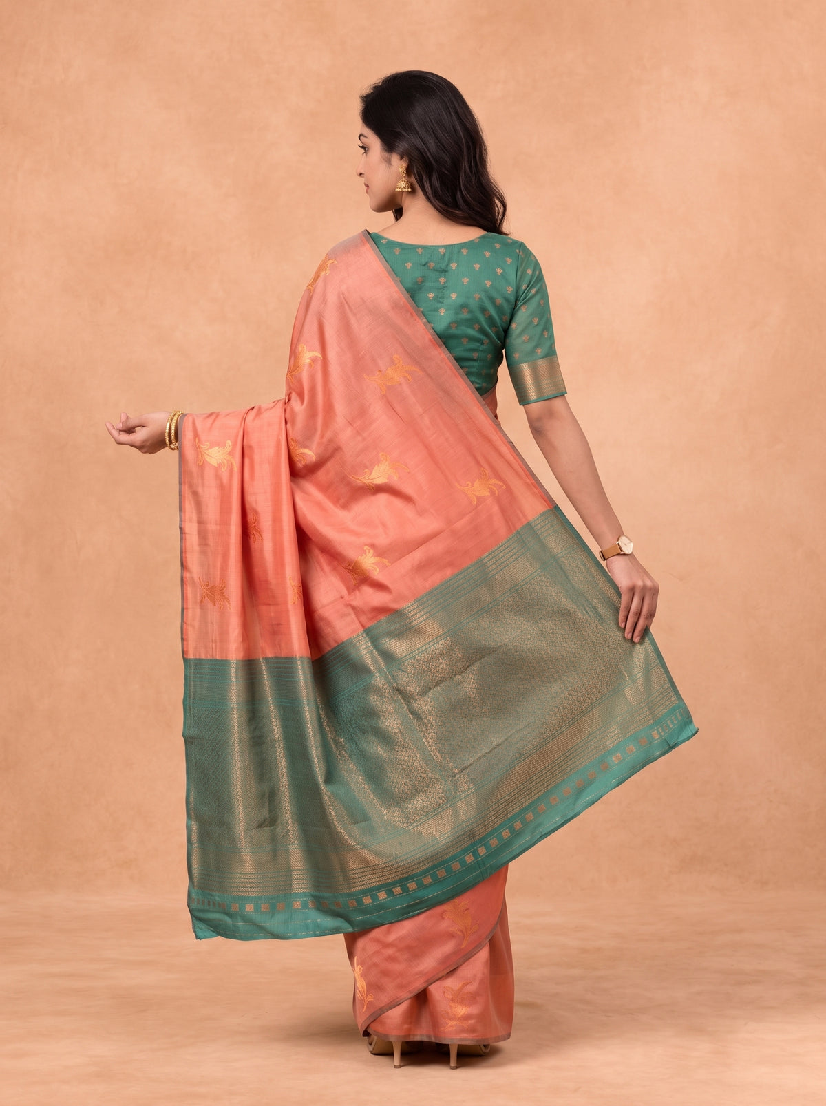 Women Soft Silk Peach Pink with Green Saree SS521