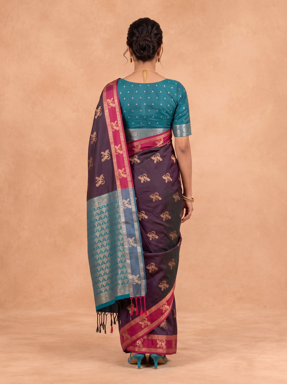 Women Soft Silk Dark Brown With Green Saree SS455