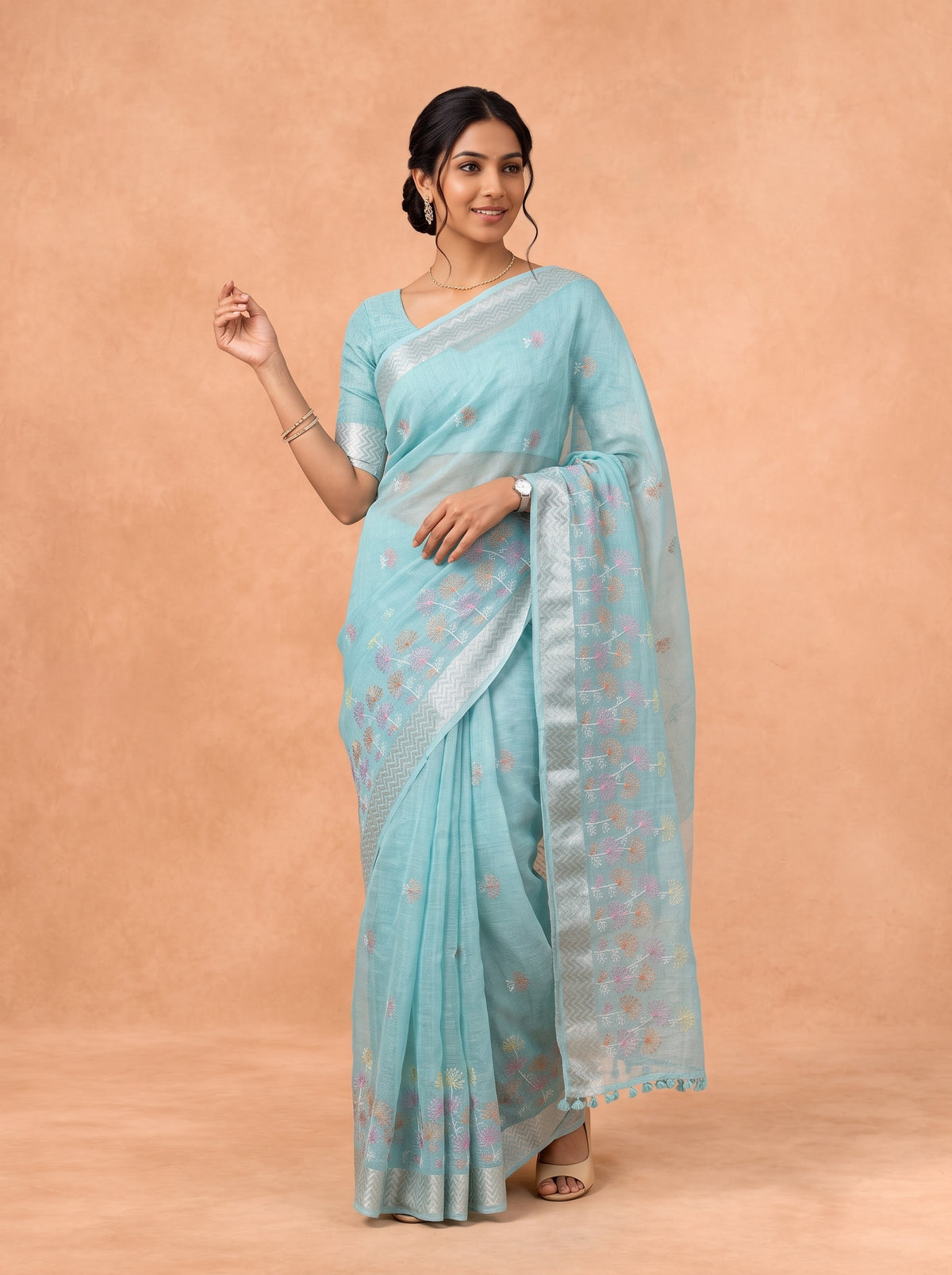 Women Semi Linen Blue Embroidered Saree SL279