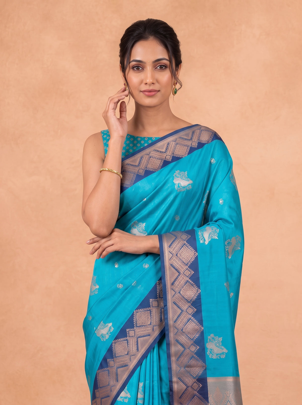 Women Soft Silk Ocean Blue with Navy Saree SS475