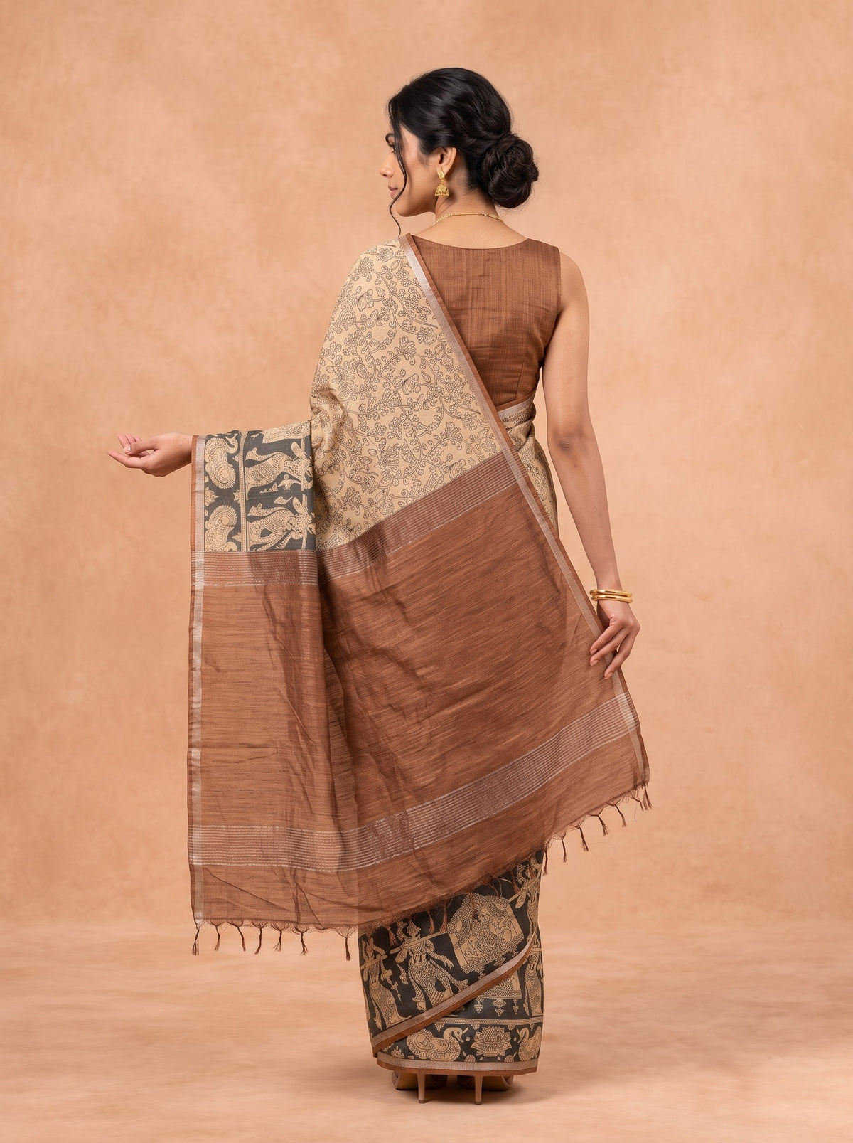 Women Semi Tussar Brown Saree ST376
