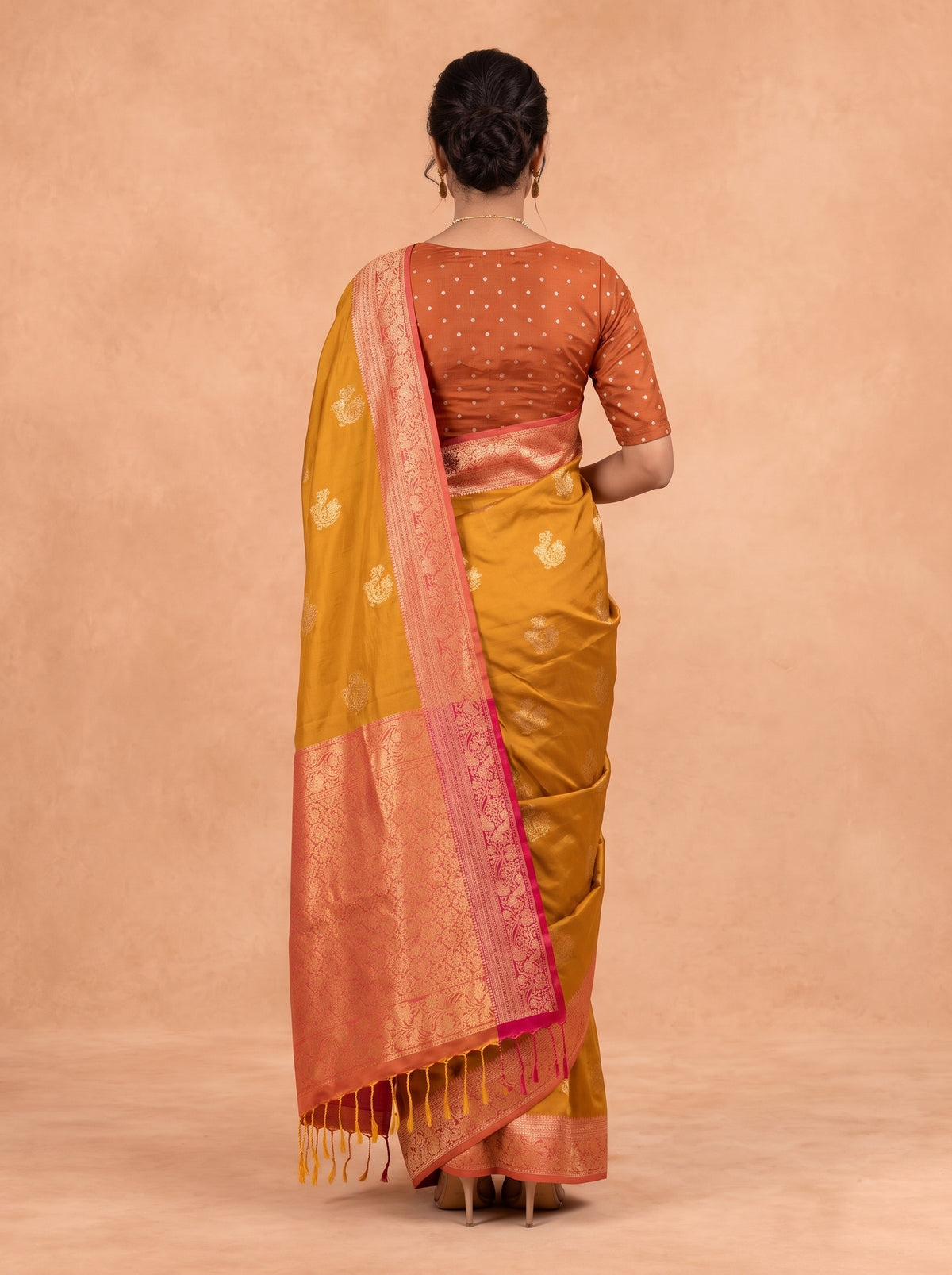 Women Soft Silk Mustard Yellow with Pink Saree SS453