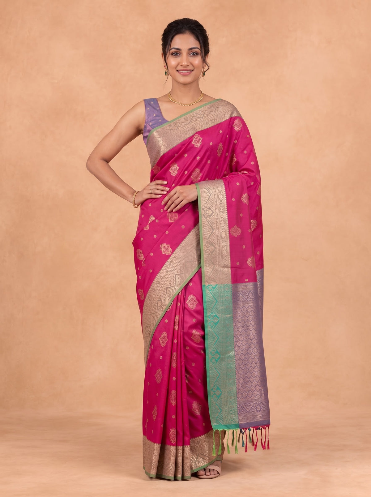Women Soft Silk Pink with Green Saree SS504
