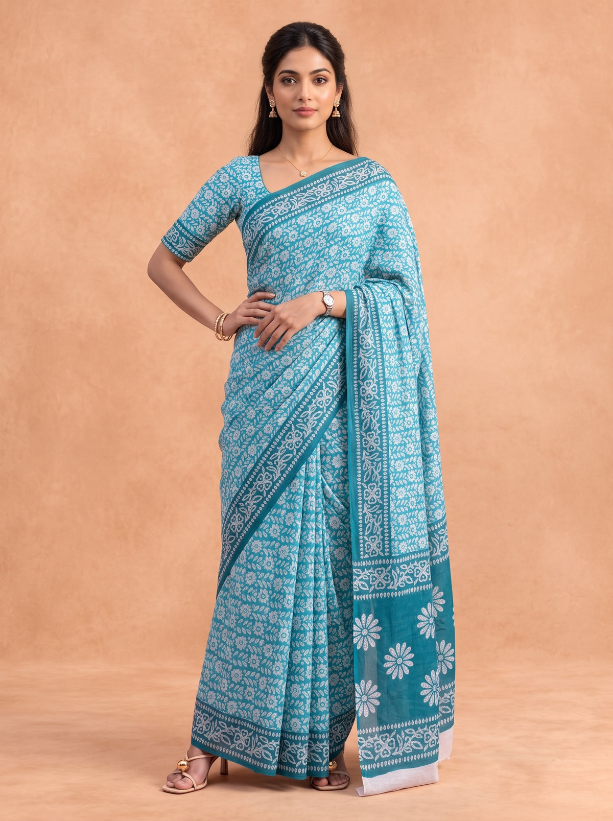 Women Cotton Turquoise Printed Saree PCS302
