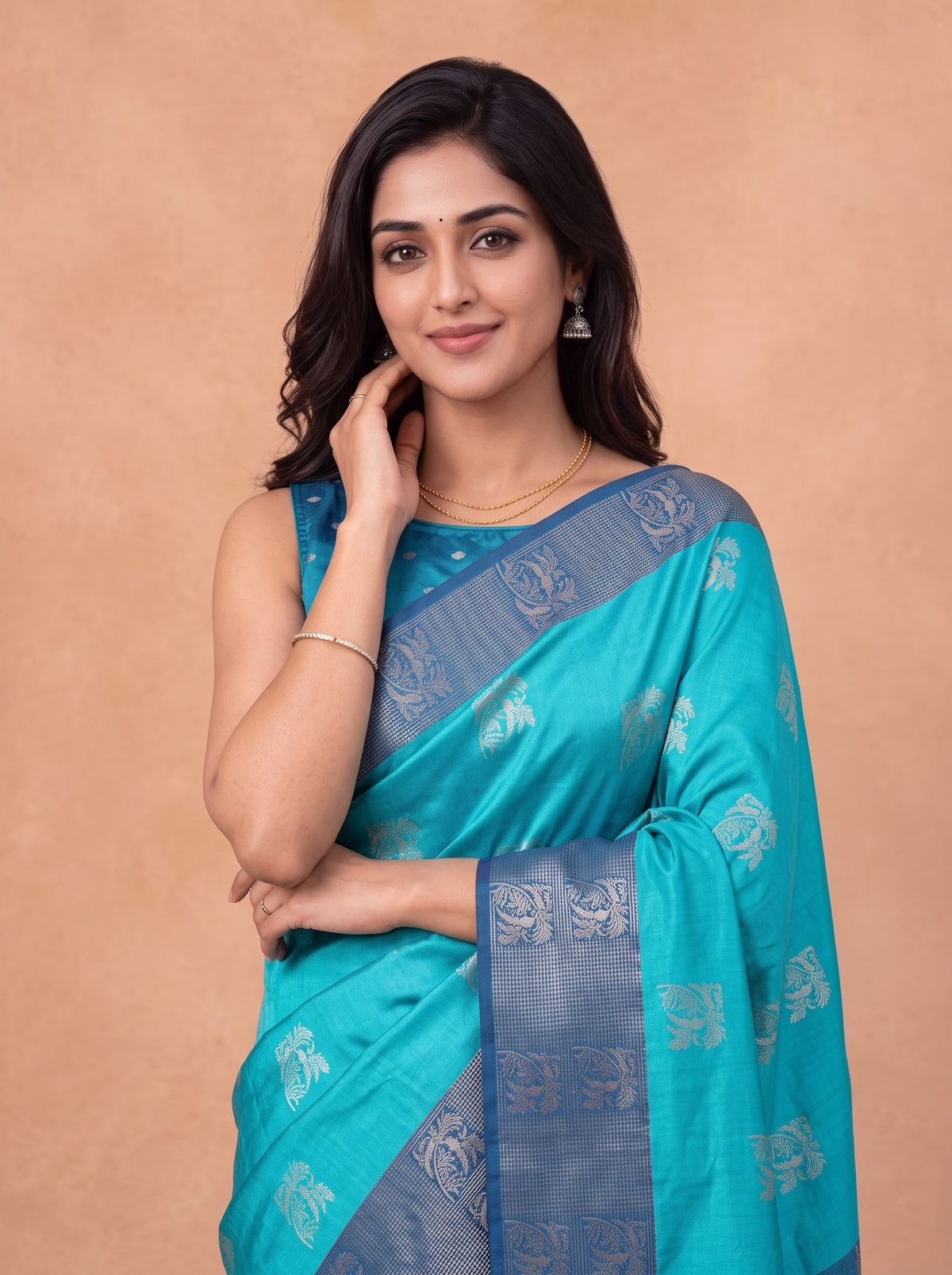 Women Soft Silk Turquoise With Dark Blue Saree SS443