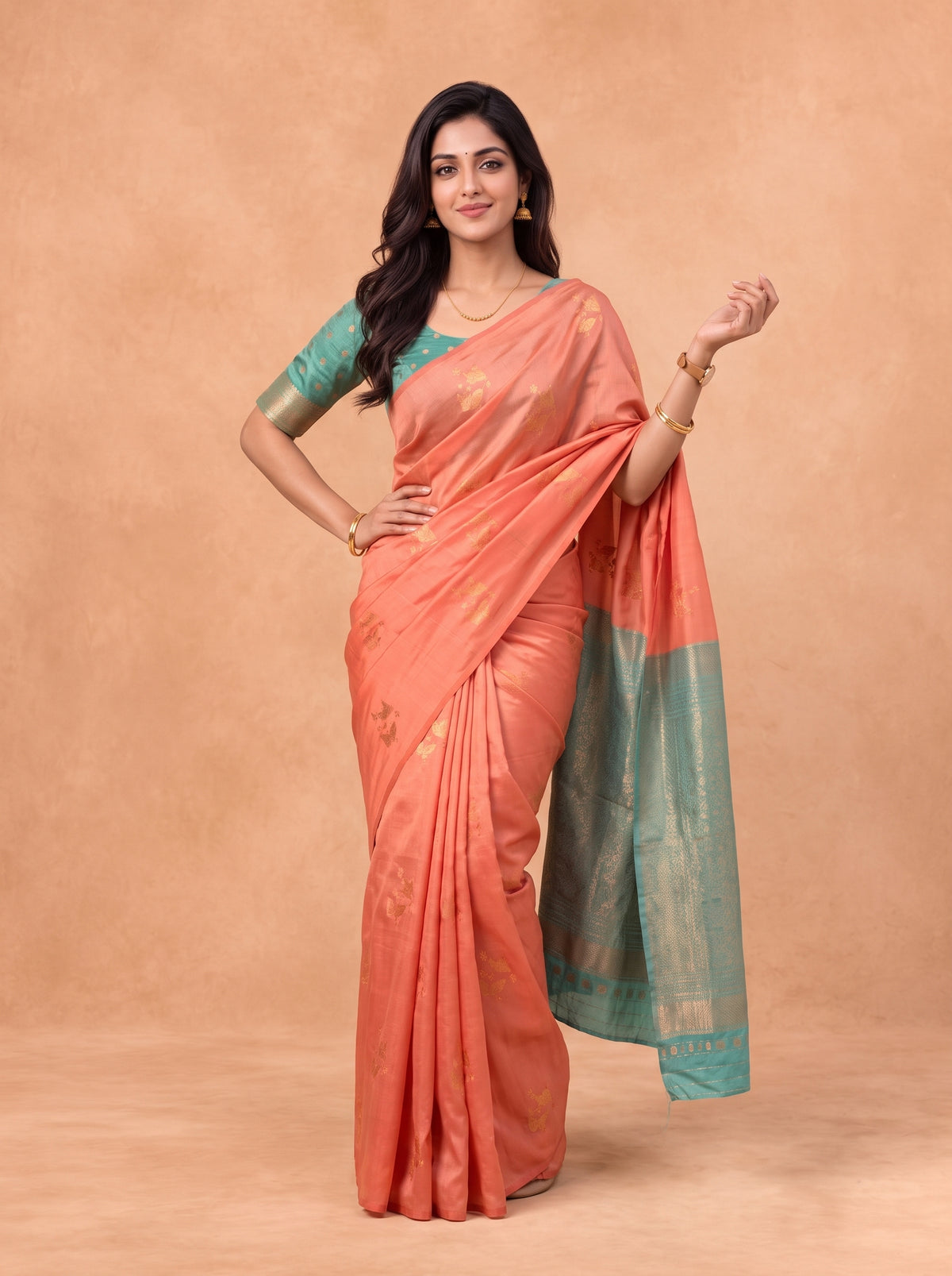 Women Soft Silk Peach Pink with Green Saree SS520