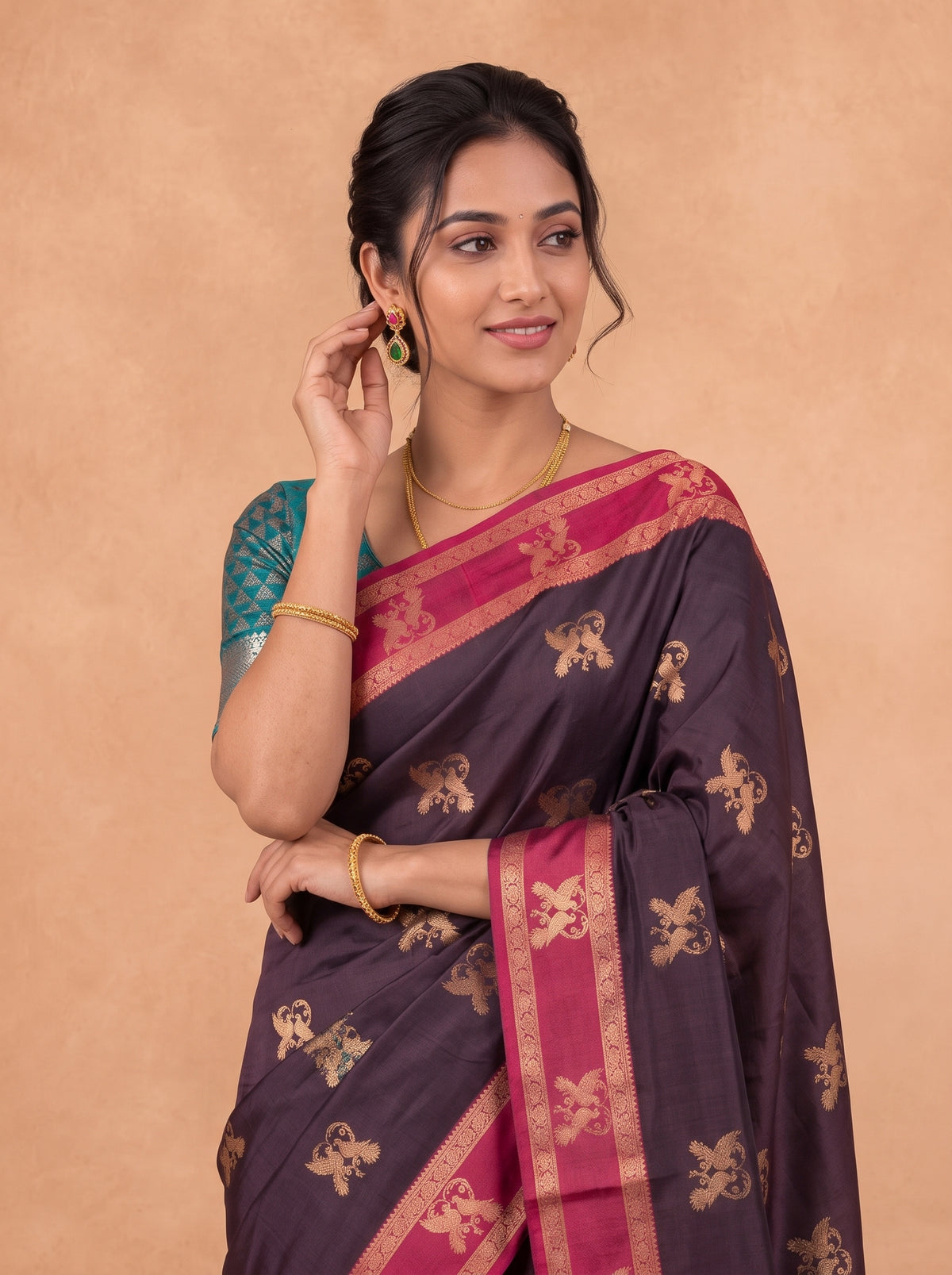Women Soft Silk Dark Brown With Green Saree SS455